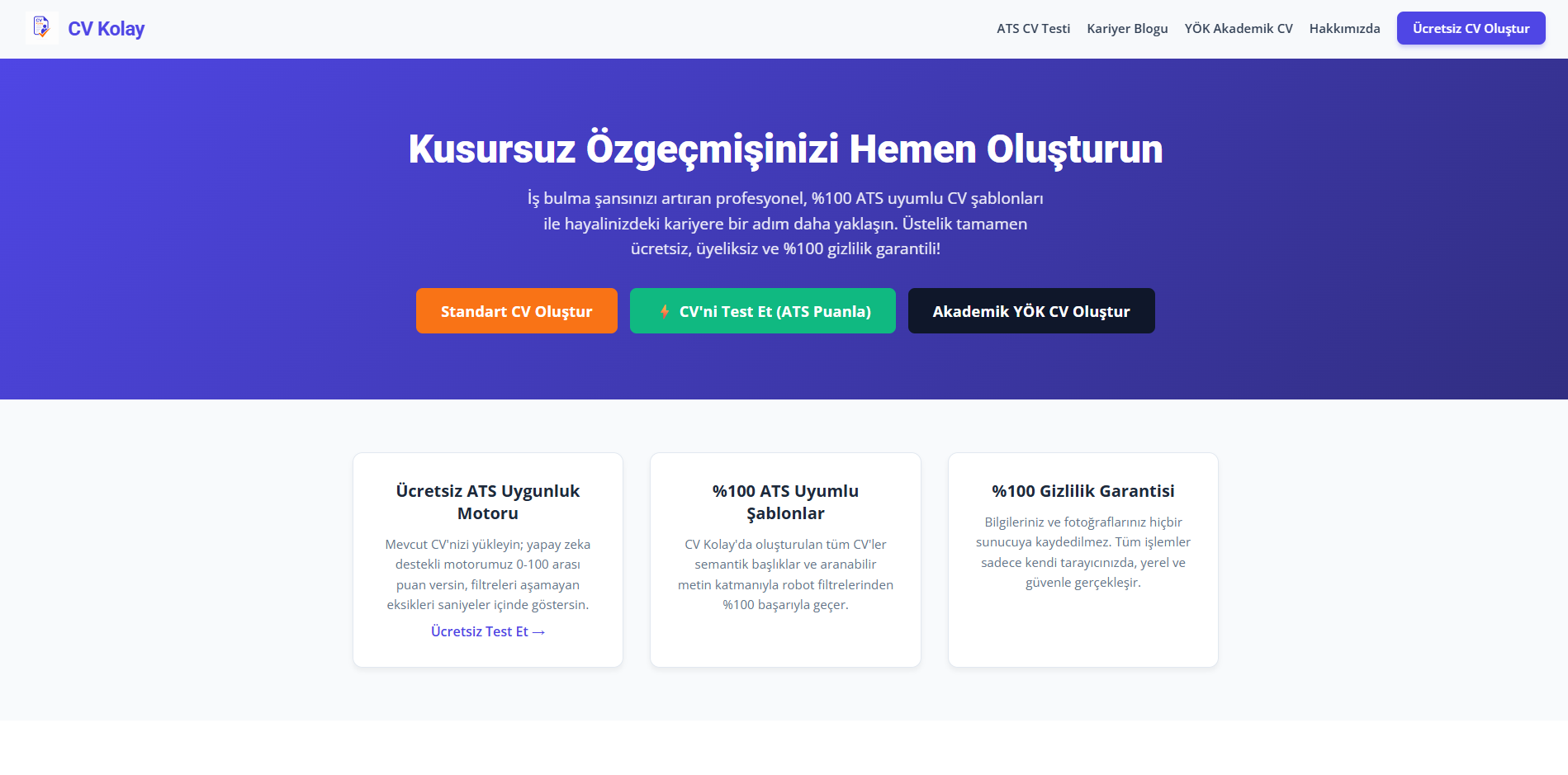CV Kolay - Tarayıcı Tabanlı Profesyonel CV Oluşturucu ve ATS Analiz Platformu